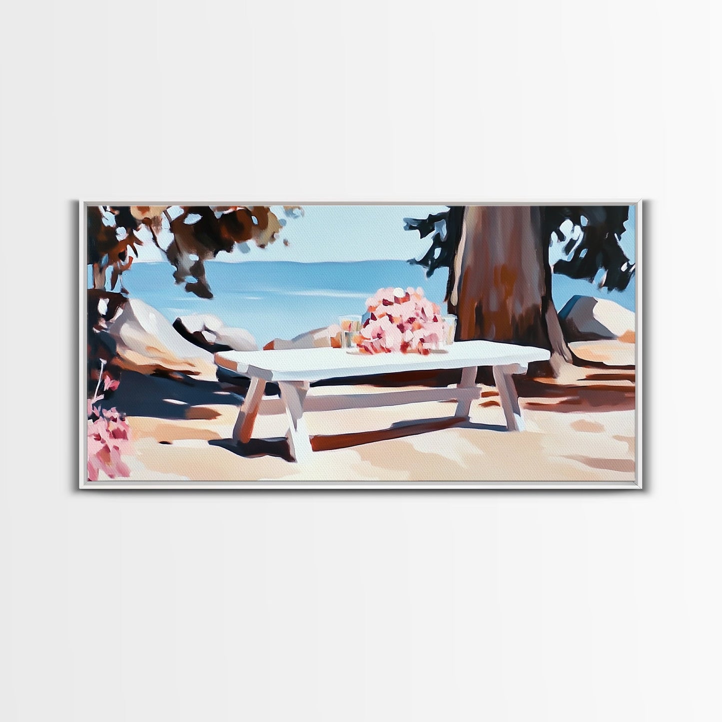 Strandpicknick, Essen am Meer, Sommerliche Wandbilder, Gerahmter Leinwanddruck, Küstendeko, Entspannende Atmosphäre, Küchenkunst, Maritime Ästhetik