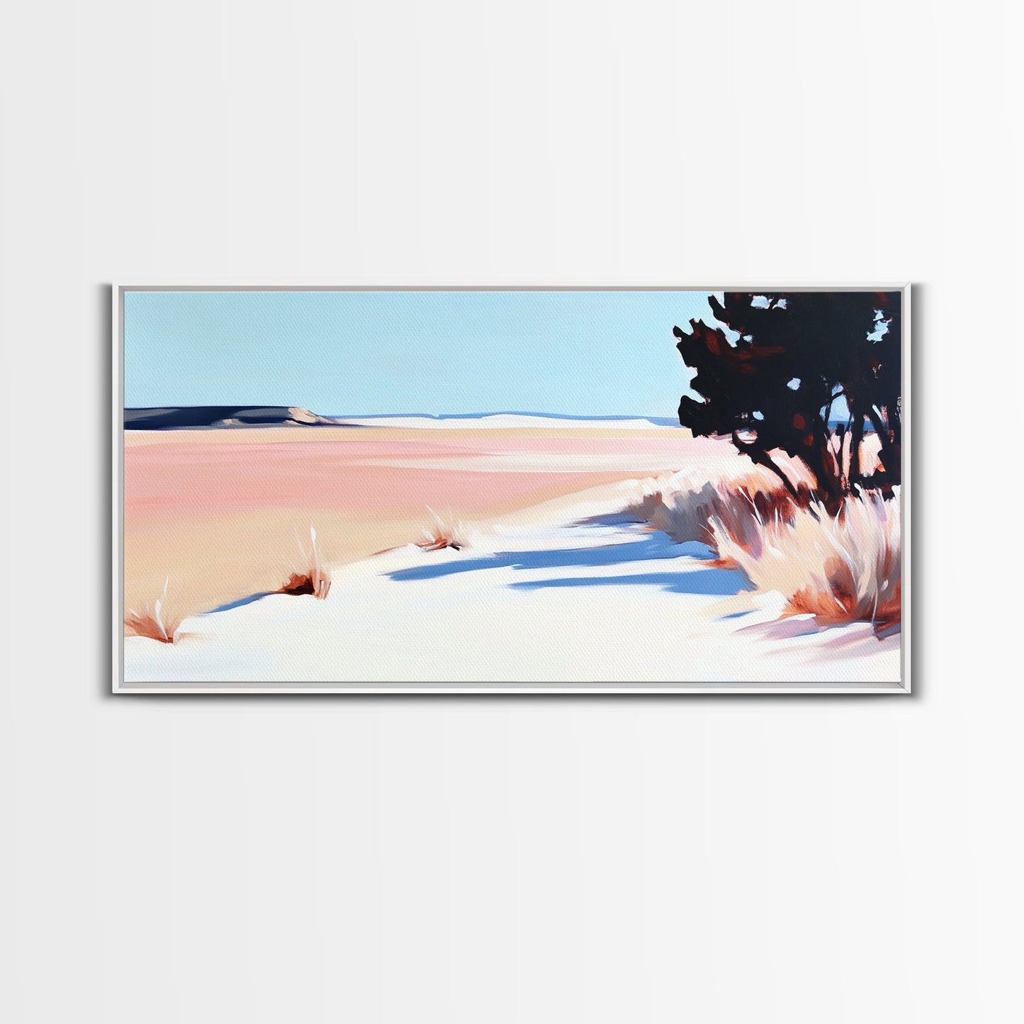 Wüstenpfad, minimalistische Landschaftskunst, warmer Pastelldruck, erdige Ästhetik, rustikale Wanddekoration, Schlafzimmerkunst, Leinwanddruck