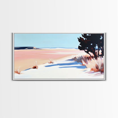 Wüstenpfad, minimalistische Landschaftskunst, warmer Pastelldruck, erdige Ästhetik, rustikale Wanddekoration, Schlafzimmerkunst, Leinwanddruck