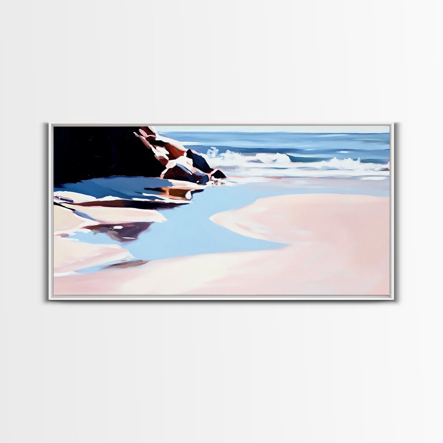 Ocean Shore, Tranquil Seascape Art, Pink Blue Horizon, Serene Beach Wall Decor, Relaxing Coastal Aesthetic, Canvas Print