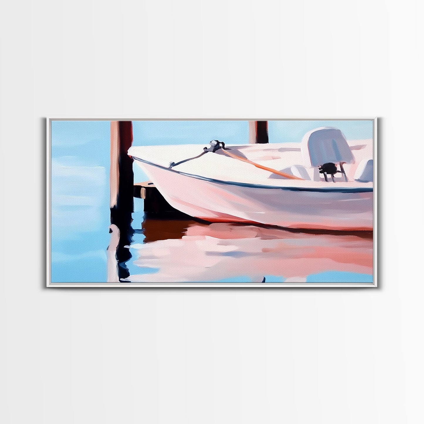 Segelboot-Ruhe, Nautische Kunst, Minimalistischer Boho-Stil, Blaue Küstendekoration, Spiegelung im ruhigen Wasser, Gelassene Ästhetik, Leinwanddruck, Eingangsbereich