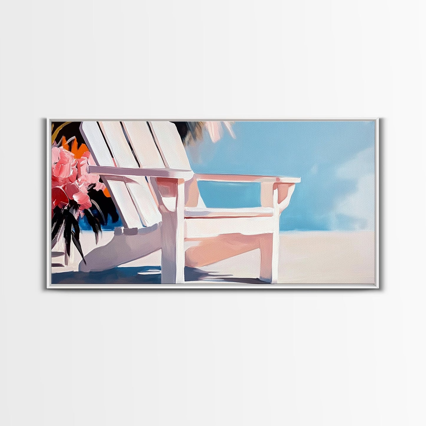 Strandstuhl, Sommerentspannung, Küstenkunst für draußen, Urlaubsästhetik, tropische Wohndekoration, minimalistische Pastellfarben, Leinwanddruck, Terrasse