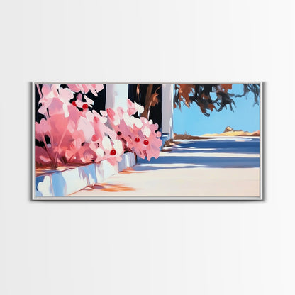 Flowers, Sunlit Walkway, Mediterranean Style Art, Floral Painting, Romantic Landscape, Framed Canvas Print, Outdoor Wall Art, Pastel Tones