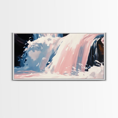 Wasserfallmotiv, Naturwandbild, Ruhige Landschaftskunst, Moderner minimalistischer Druck, Blau- und Rosatöne, Gerahmter Leinwanddruck, Wohnzimmerkunst
