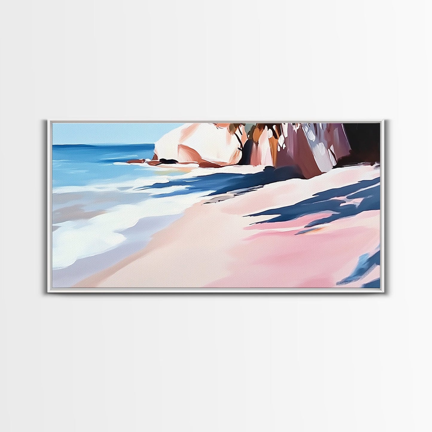 Meeresküste, Felsstrand, blaue Wellen, Leinwanddruck, moderne Küstenkunst, Strandhausdeko, Wandbild fürs Wohnzimmer, minimalistisches Meeresbild