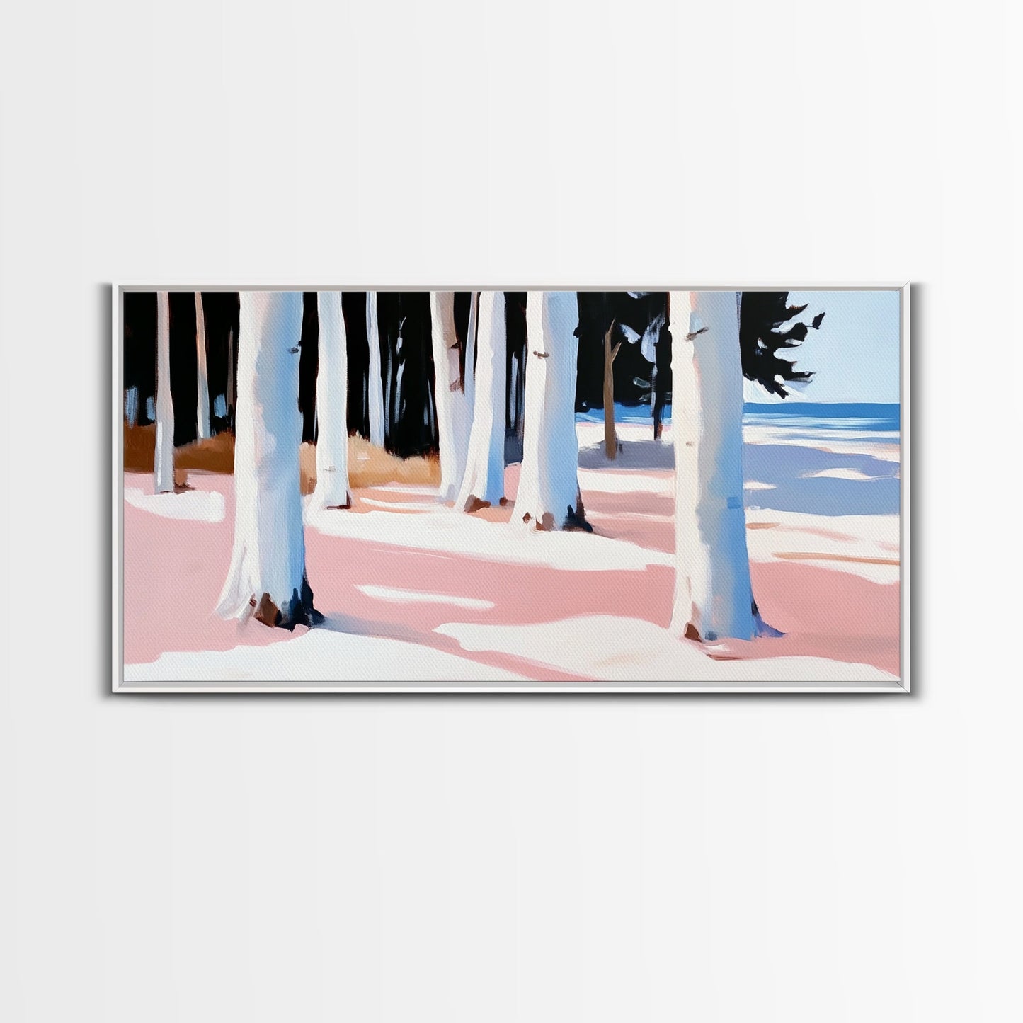 Wald am Ufer, Küstenbäume, Naturkunst, Leinwanddruck, Ruhige Wanddekoration, Wohnzimmerkunst, Strandhausgemälde, Minimalistische Kunst