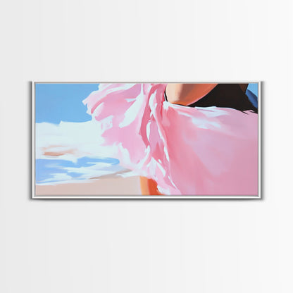 Fließendes Kleid, Strandwind, feminine Eleganz, modische Wandkunst, gerahmter Leinwanddruck, Meeresbrise, moderne Wohndekoration, zartrosa Ästhetik
