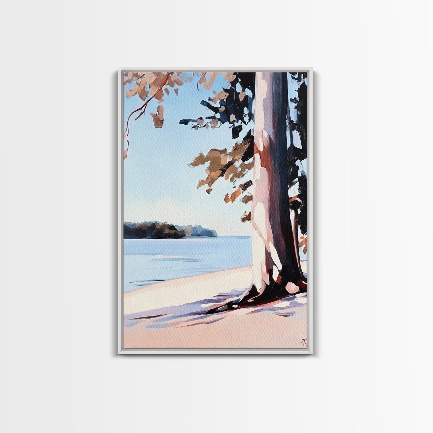 Lakeside Tree, Framed Canvas Print, Nature Wall Art, Serene Landscape, Beach House Decor, Tranquil Painting, Living Room Accent