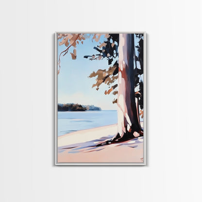 Lakeside Tree, Framed Canvas Print, Nature Wall Art, Serene Landscape, Beach House Decor, Tranquil Painting, Living Room Accent