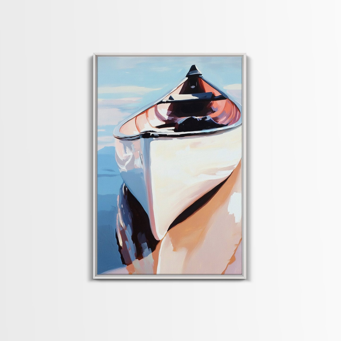 Wooden Boat, Reflection, Nautical Wall Art, Lake House Decor, Modern Impressionism, Blue and White Art, Rustic Style, Framed Canvas Print