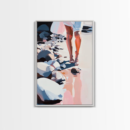 Walking on Rocks, Coastal Reflection, Beach Serenity, Soft Pastel Art, Framed Canvas Print, Nature Home Decor, Modern Wall Art