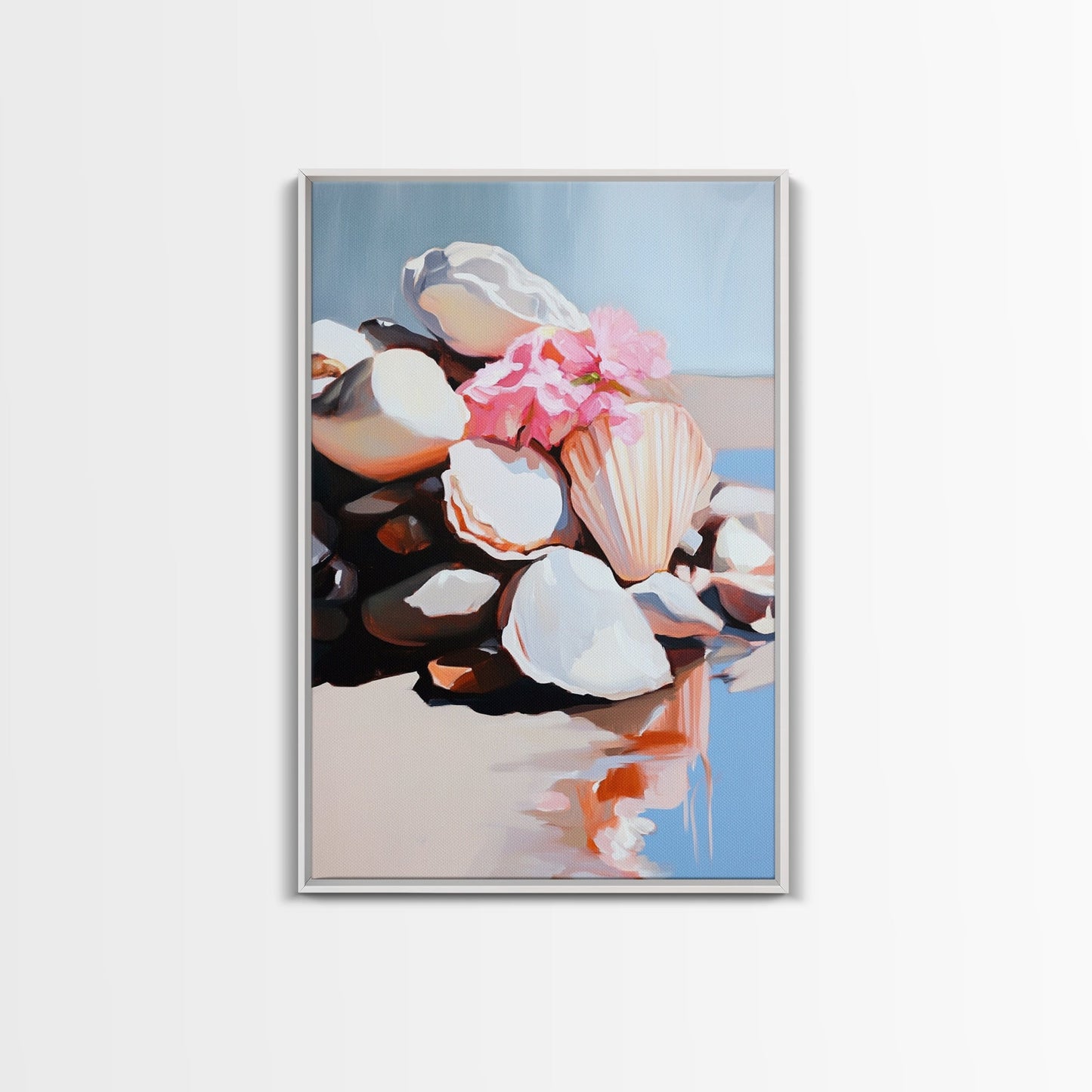 Seashell Collection, Beach Treasures, Coastal Aesthetic, Nautical Wall Art, Framed Canvas Print, Ocean Decor, Living Room Artwork