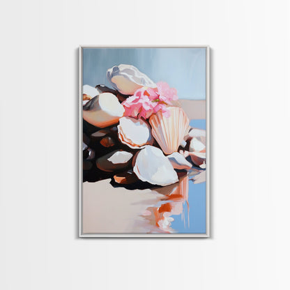 Seashell Collection, Beach Treasures, Coastal Aesthetic, Nautical Wall Art, Framed Canvas Print, Ocean Decor, Living Room Artwork