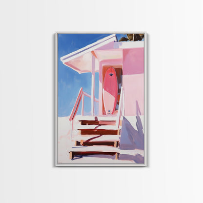 Surf Shack, Tropical Beach House Art, Framed Canvas Print, Pink Coastal Decor, Summer Vibes Wall Art, Relaxing Ocean Painting, Boho Chic