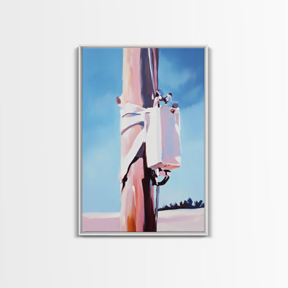 Rustic Pole, Coastal Minimalist Art, Framed Canvas Print, Boho Beach Decor, Nautical Painting, Seaside Home Aesthetic, Pastel Artwork