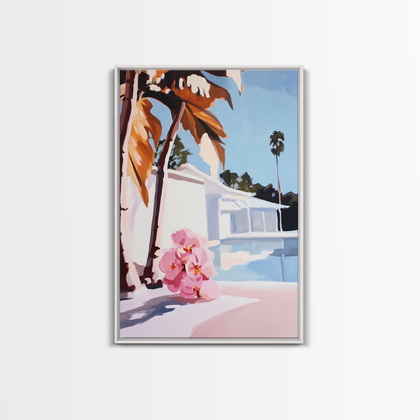 Tropical, Palm Trees, Poolside, Framed Canvas Print, Modern Beach House Art, Vibrant Wall Decor, Summer Vibes, Aesthetic Living Room Art