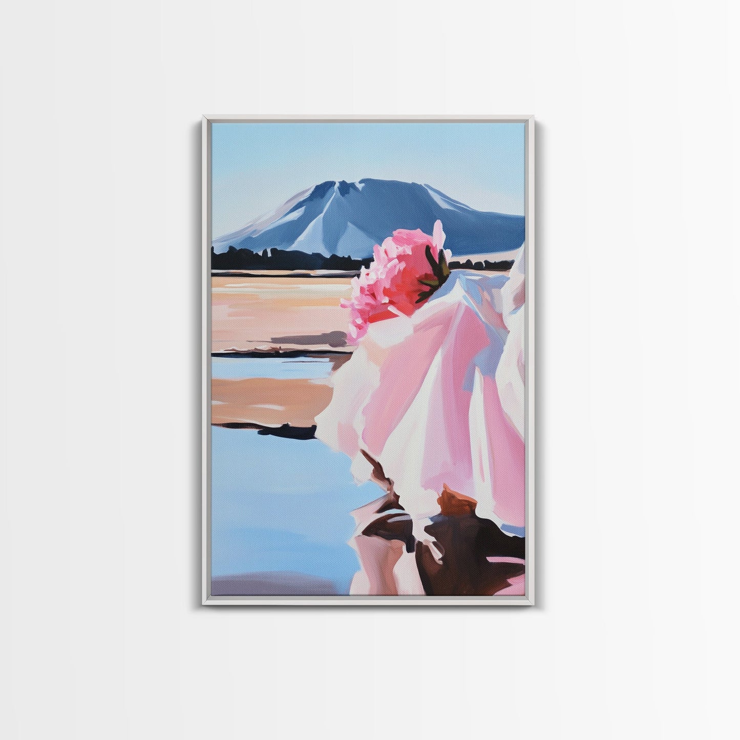 Floral, Pink Bouquet, Nature Art, Framed Canvas Print, Feminine Wall Decor, Boho Home Art, Blue Painting, Living Room Wall Art