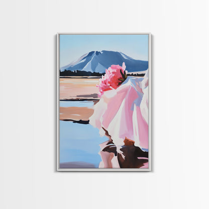 Floral, Pink Bouquet, Nature Art, Framed Canvas Print, Feminine Wall Decor, Boho Home Art, Blue Painting, Living Room Wall Art