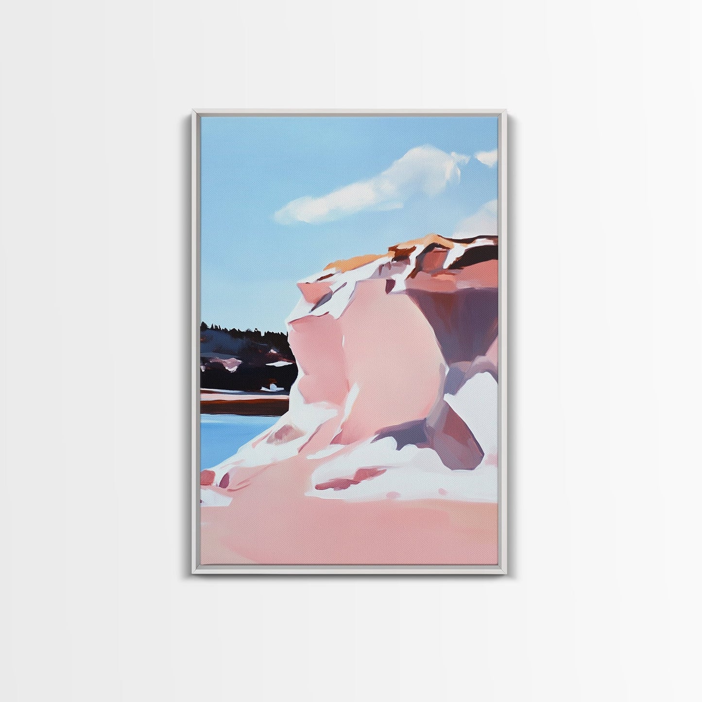 Pink Cliffs, Coastal Beauty, Ocean Landscape, Soft Pastel Art, Nature Inspired, Tranquil Scenery, Boho Wall Art, Framed Canvas Print