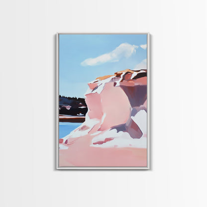 Pink Cliffs, Coastal Beauty, Ocean Landscape, Soft Pastel Art, Nature Inspired, Tranquil Scenery, Boho Wall Art, Framed Canvas Print