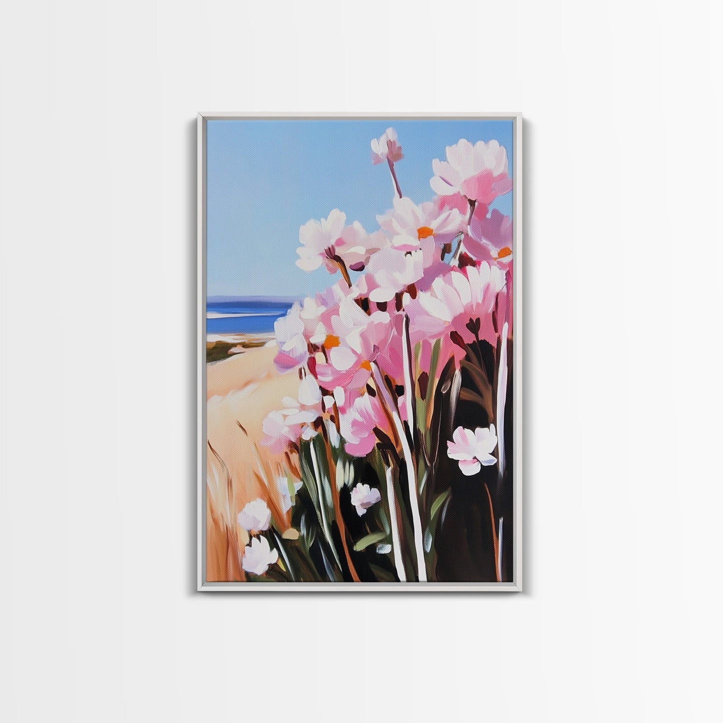 Coastal Flowers, Pink Daisy Art, Floral Beach Decor, Framed Canvas Print, Modern Boho Wall Art, Bedroom Artwork, Summer Aesthetic