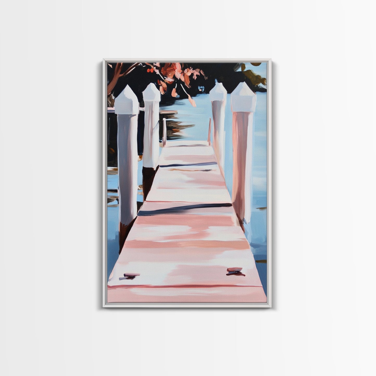 Serene Dock, Waterside Retreat, Nautical Art, Coastal Living, Summer Wall Decor, Bedroom or Office Art, Framed Canvas Print