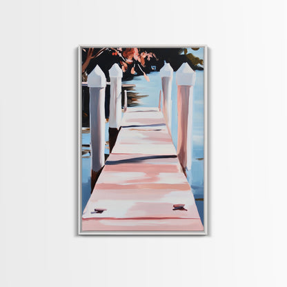 Serene Dock, Waterside Retreat, Nautical Art, Coastal Living, Summer Wall Decor, Bedroom or Office Art, Framed Canvas Print