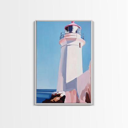 Lighthouse View, Nautical Wall Art, Beach House Decor, Ocean Scene Painting, Coastal Style, Framed Canvas Print, Bathroom Wall Art
