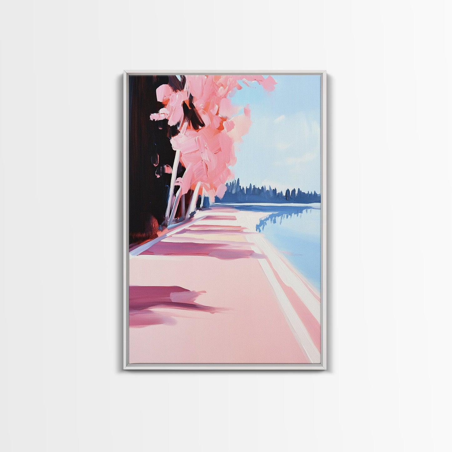 Mediterranean Steps, Coastal Wall Art, Santorini Print, Blue and Pink Decor, Travel Painting, Framed Canvas Print, Living Room Art