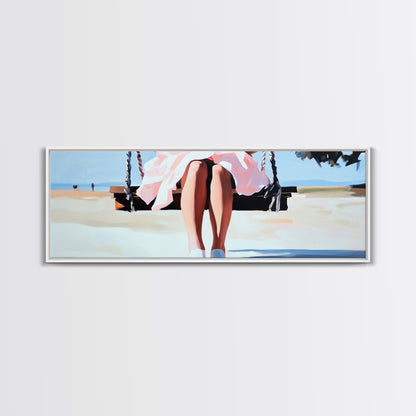 Swing By The Sea, Pastel Sky, Framed Canvas Print, Beach Wall Art, Minimalist Decor, Relaxing Aesthetic, Soft Tones, Coastal Living