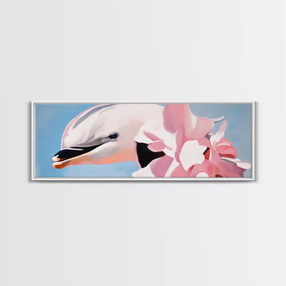 Dolphin, Pink Flowers, Canvas Print, Ocean Art, Whimsical Artwork, Coastal Wall Art, Sea Life Decor, Modern Aesthetic, Nature Lover Gift