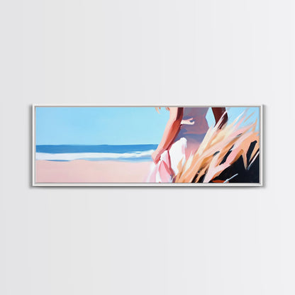 Meeresbrise, Küstenfrau, Kunst der Ruhe, Strandästhetik, Leinwanddruck, Boho-Wandkunst, Entspannende Schlafzimmerwanddekoration