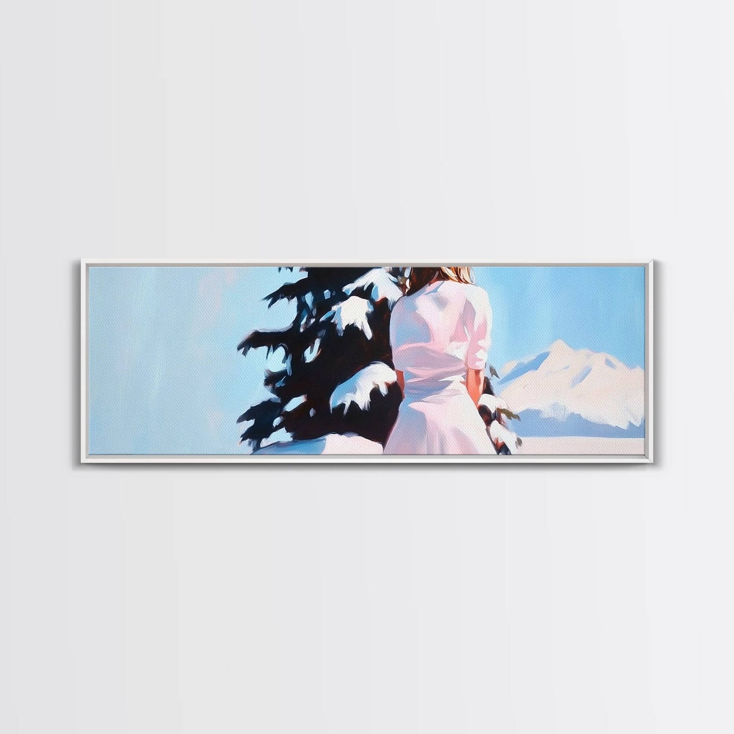 Winter Scene, Snowy Pines, Woman Outdoors, Framed Canvas Print, Christmas Wall Art, Cozy Winter Decor, Rustic Cabin Art, Nature