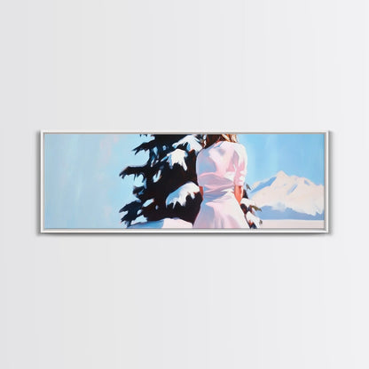 Winter Scene, Snowy Pines, Woman Outdoors, Framed Canvas Print, Christmas Wall Art, Cozy Winter Decor, Rustic Cabin Art, Nature