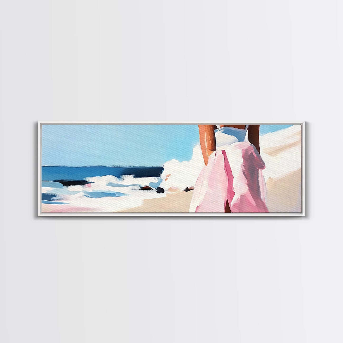 Ocean Waves, Pink Skirt, Windy Shoreline, Framed Canvas Print, Coastal Wall Art, Beach Home Decor, Minimalist Aesthetic, Ocean Scene