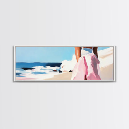 Ocean Waves, Pink Skirt, Windy Shoreline, Framed Canvas Print, Coastal Wall Art, Beach Home Decor, Minimalist Aesthetic, Ocean Scene
