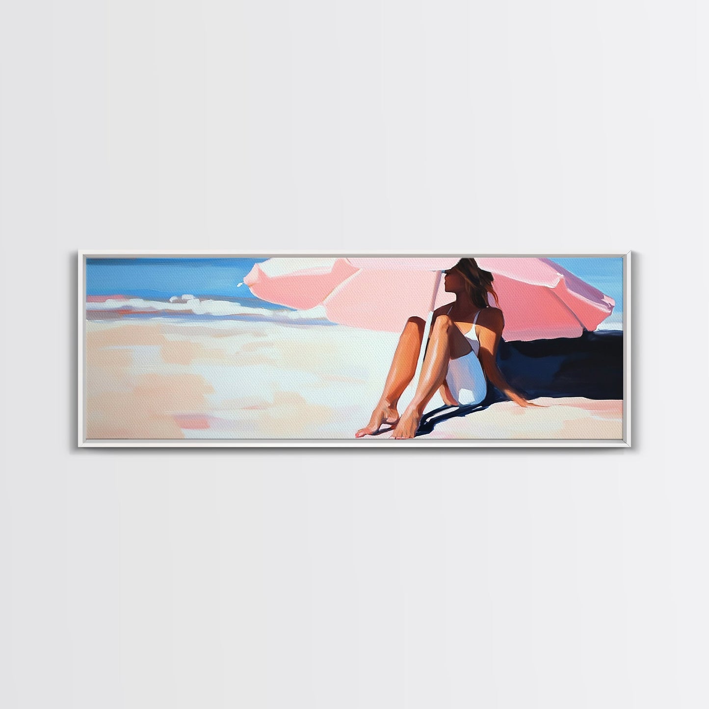 Woman Under Umbrella, Beach Relaxation, Summer Scene, Framed Canvas Print, Minimalist Boho Art, Seaside Wall Decor, Nautical Artwork
