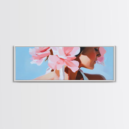 Floral Woman, Feminine Beauty, Elegant Portrait, Boho Canvas Print, Bedroom Wall Art, Modern Aesthetic, Pastel Pink Home Decor