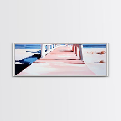 Pink Pier, Beach Walkway, Ocean View, Framed Canvas Print, Coastal Wall Art, Nautical Home Decor, Minimalist Seascape Painting