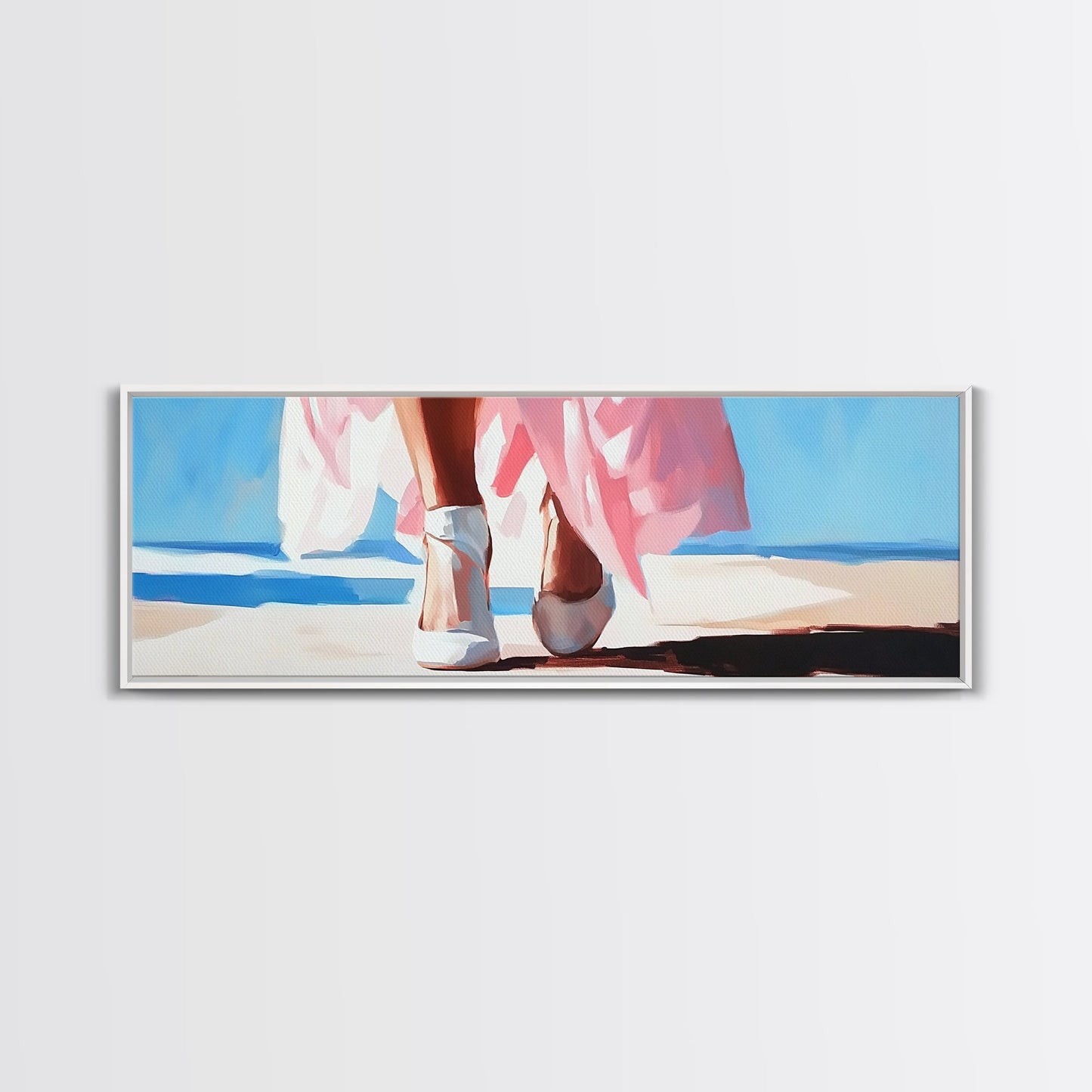 Walking on Beach, Pink Skirt, Ocean Waves, Coastal Feminine Art, Elegant Wall Decor, Canvas Print, Bedroom Wall Art, Summer Aesthetic
