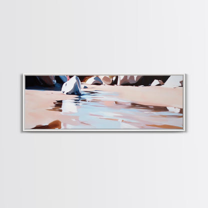 River Rocks, Water Reflection, Nature Landscape, Framed Canvas Print, Earthy Wall Art, Minimalist Zen Painting, Calming Home Decor