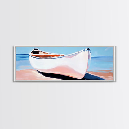 Weißes Kanu, Küstenwandbild, maritime Ästhetik, gerahmter Leinwanddruck, minimalistisches Bootsbild, maritime Kunst für Strandhäuser, Meeresdeko