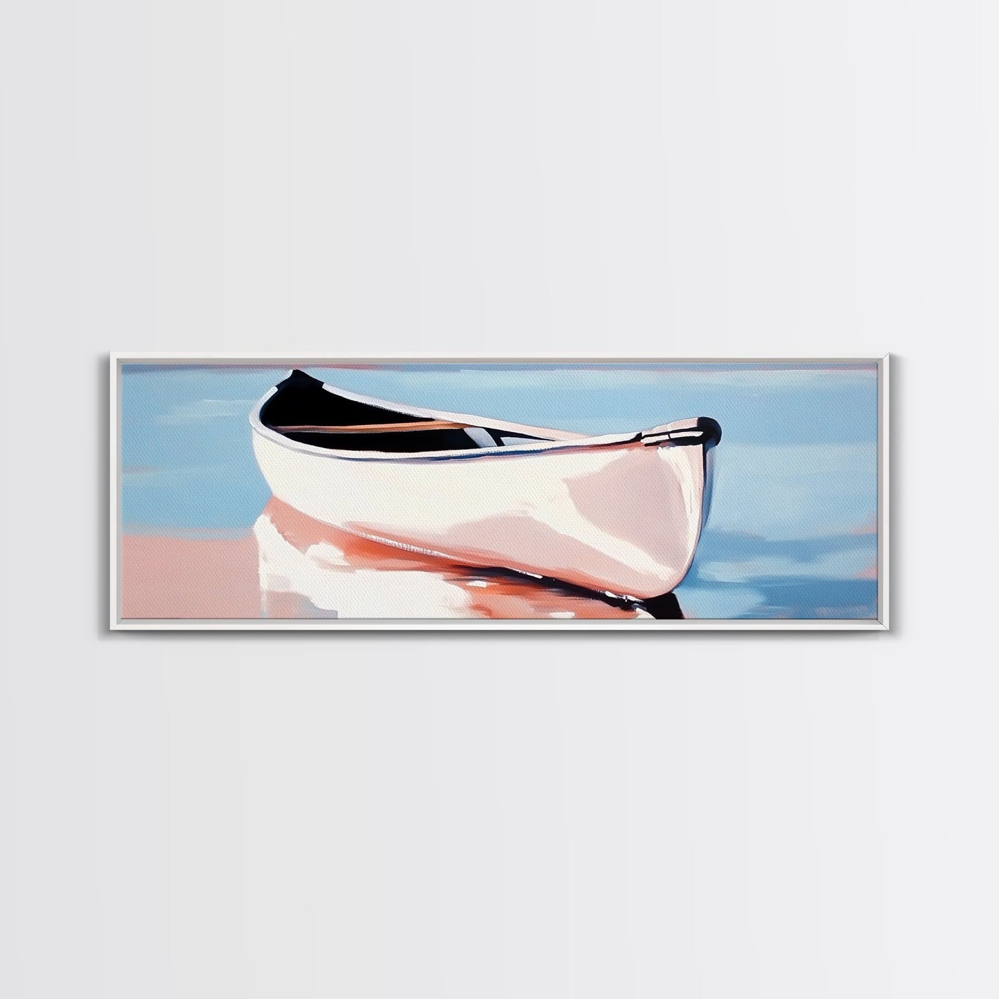 Reflection Boat, Calm Lake Art, Nautical Wall Decor, Framed Canvas Print, Coastal Serenity Art, Pastel Landscape, Living Room Wall Art