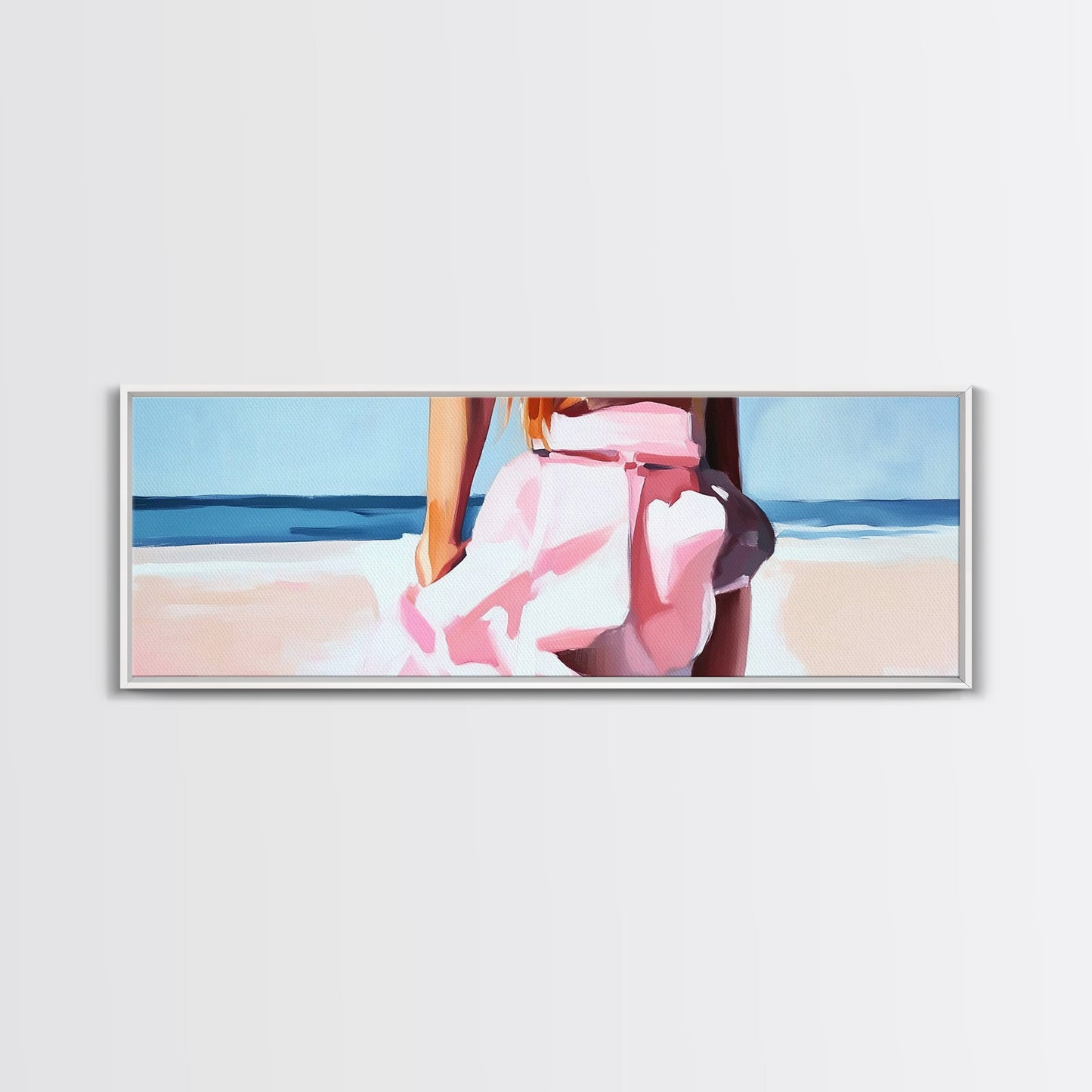 Beach Walk, Soft Waves, Feminine Coastal, Romantic Seascape, Framed Canvas Print, Boho Art, Bedroom Wall Art, Minimalist Aesthetic