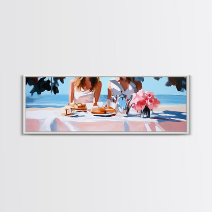 Ocean Picnic, Coastal Dining, Elegant Beach Scene, Pastel Seascape, Canvas Print, Living Room Art, Modern Nautical, Kitchen Wall Art