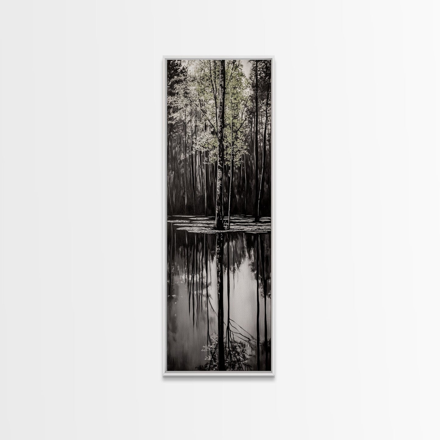 Reflective Trees, Monochrome Forest Painting, Minimalist Nature Art, Framed Canvas Print, Black and White Wall Art, Dining Room Decor