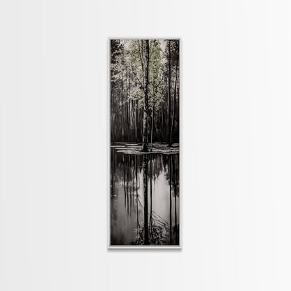 Reflective Trees, Monochrome Forest Painting, Minimalist Nature Art, Framed Canvas Print, Black and White Wall Art, Dining Room Decor