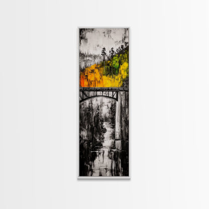 Forest Bridge, Fall Foliage, Rustic Nature Art, Woodland Pathway, Scenic Travel Decor, Living Room Wall Art, Framed Canvas Print