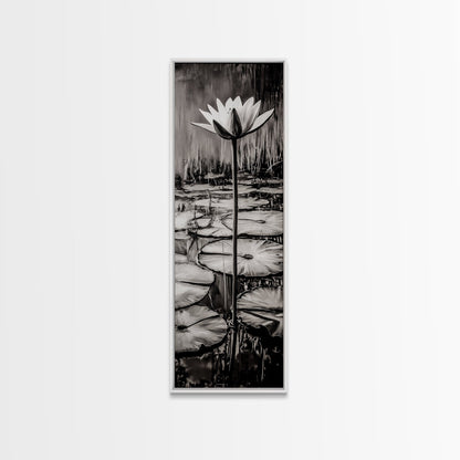 Lotus Bloom, Black and White, Water Lily, Zen Artwork, Framed Canvas Print, Botanical Wall Art, Nature Decor, Serene Living Space