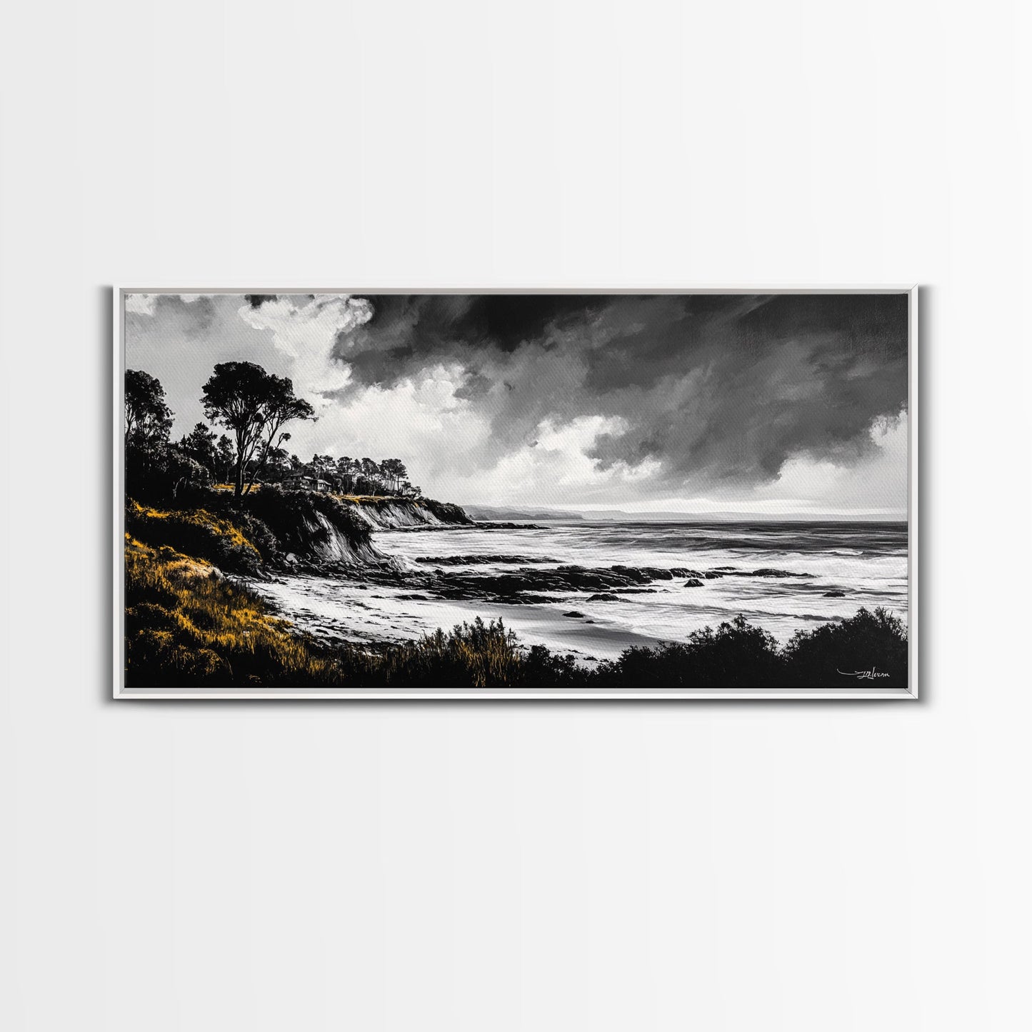 Stormy Coast, Dramatic Sky, Black and White Seascape, Framed Canvas Print, Coastal Wall Art, Large Landscape, Entryway Decor, Moody Art